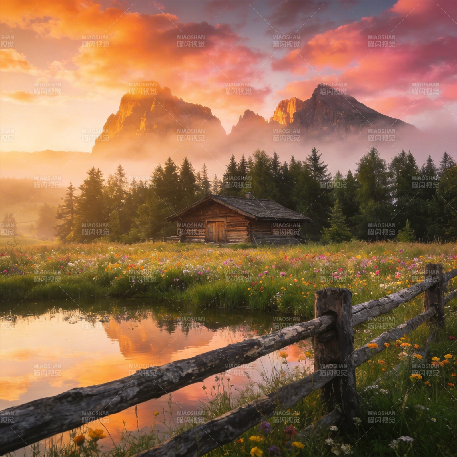 山间晨曦小屋图片