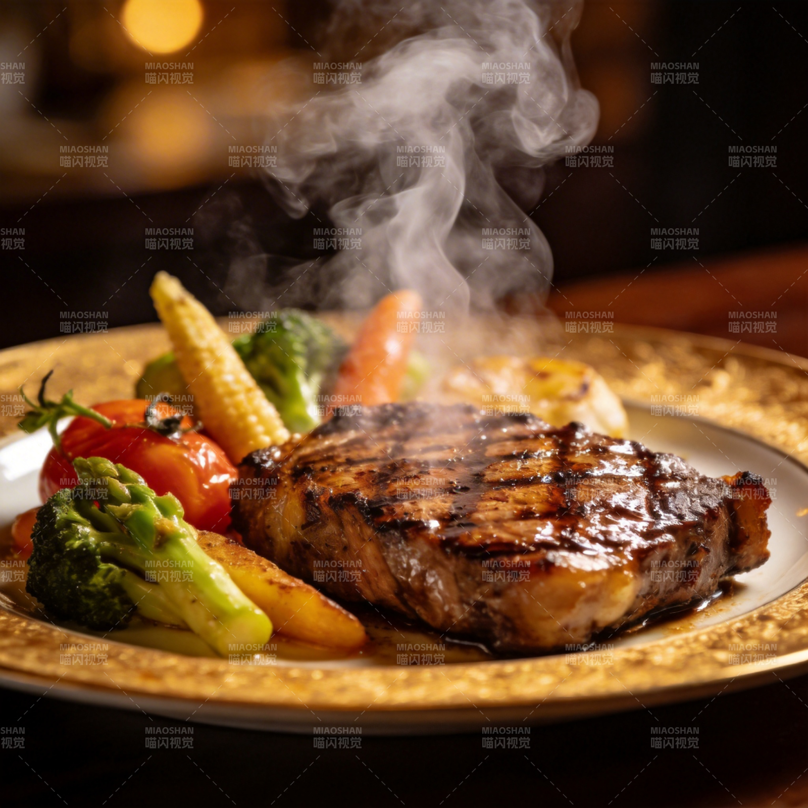 热气腾腾的牛排配菜图片