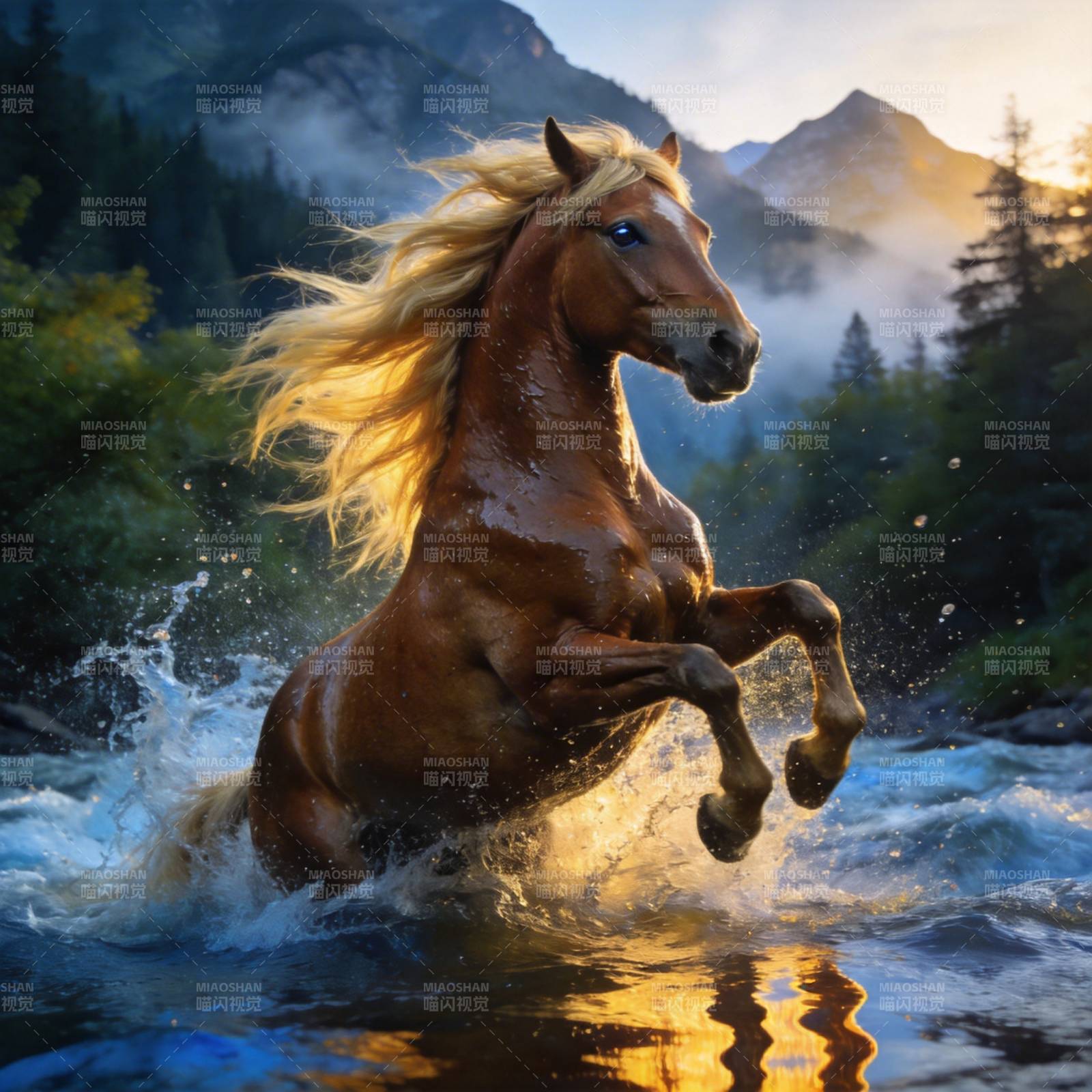 骏马奔腾溪流间图片