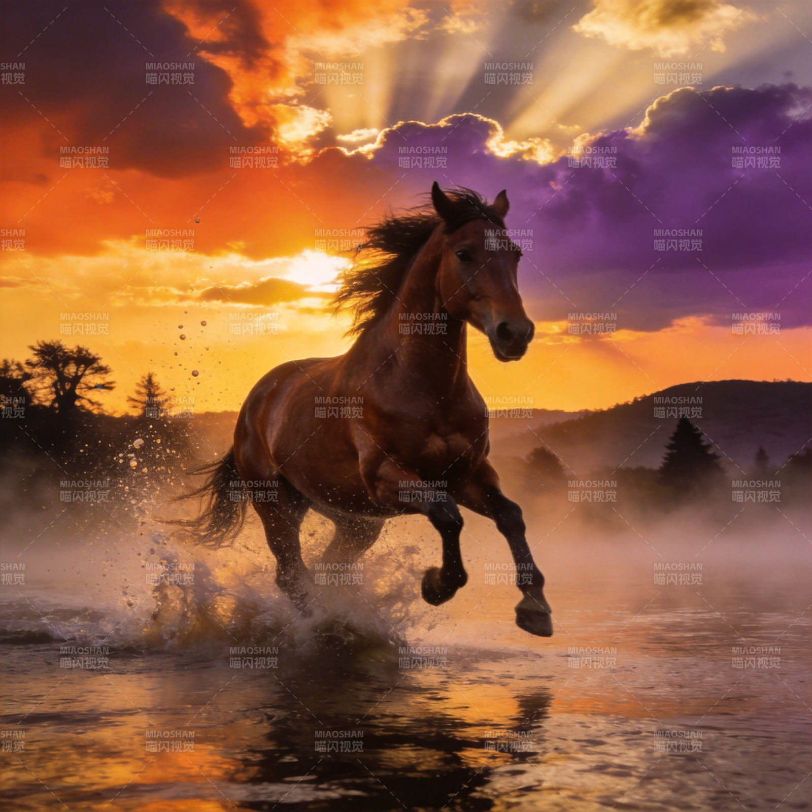 骏马奔腾夕阳下图片