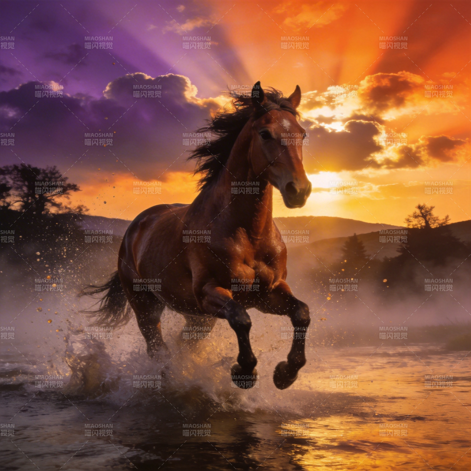 骏马奔腾夕阳下图片