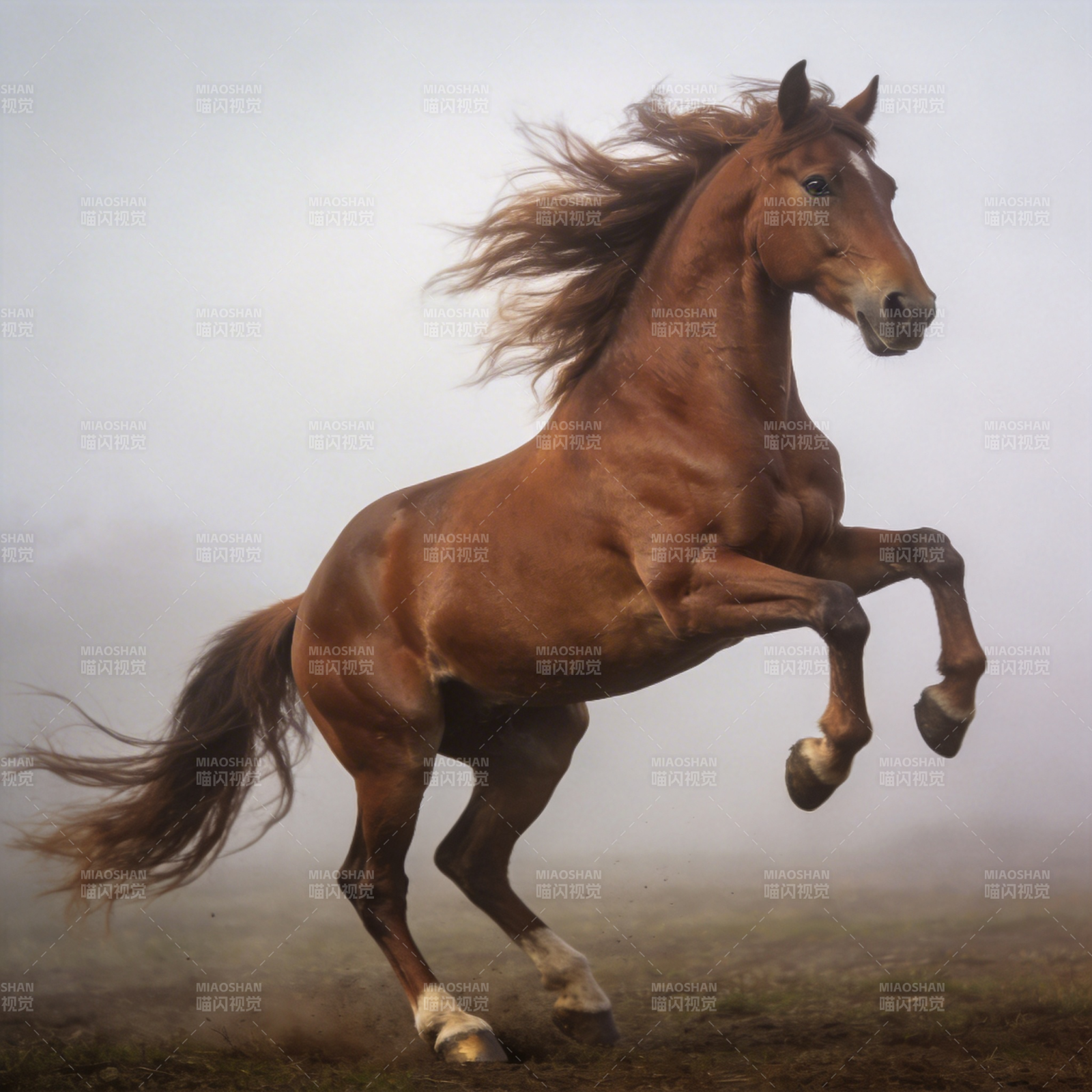 骏马腾跃雾中图片