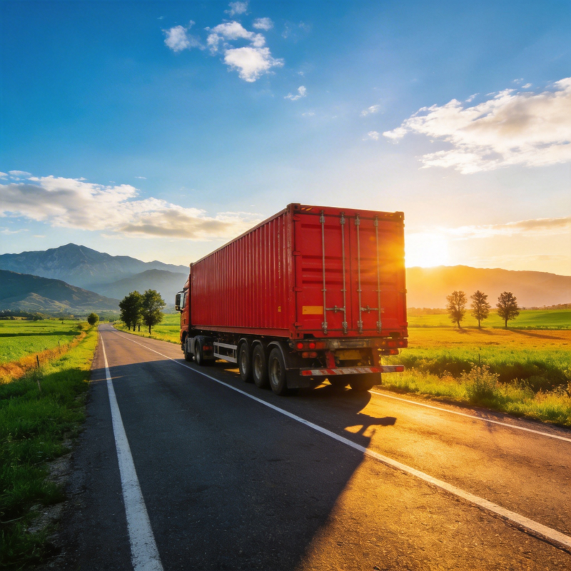 夕阳下的红色卡车图片