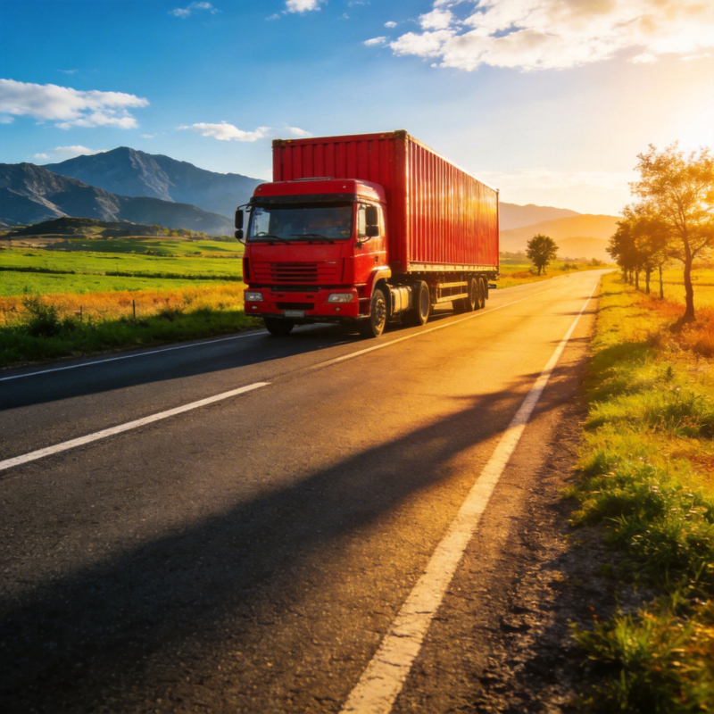 红卡车驰骋乡间路图片