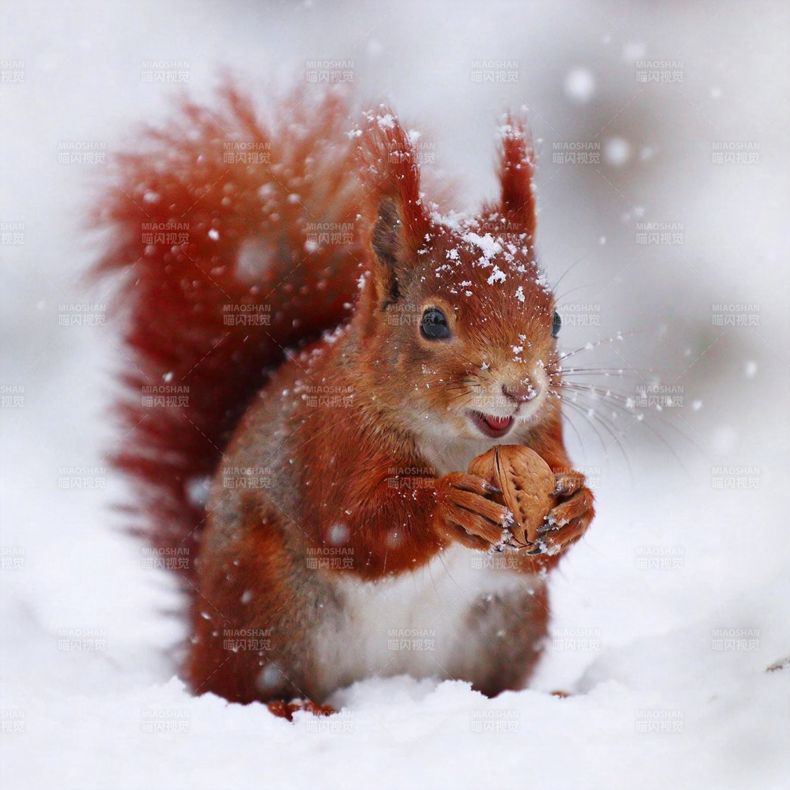 雪中松鼠啃坚果图片