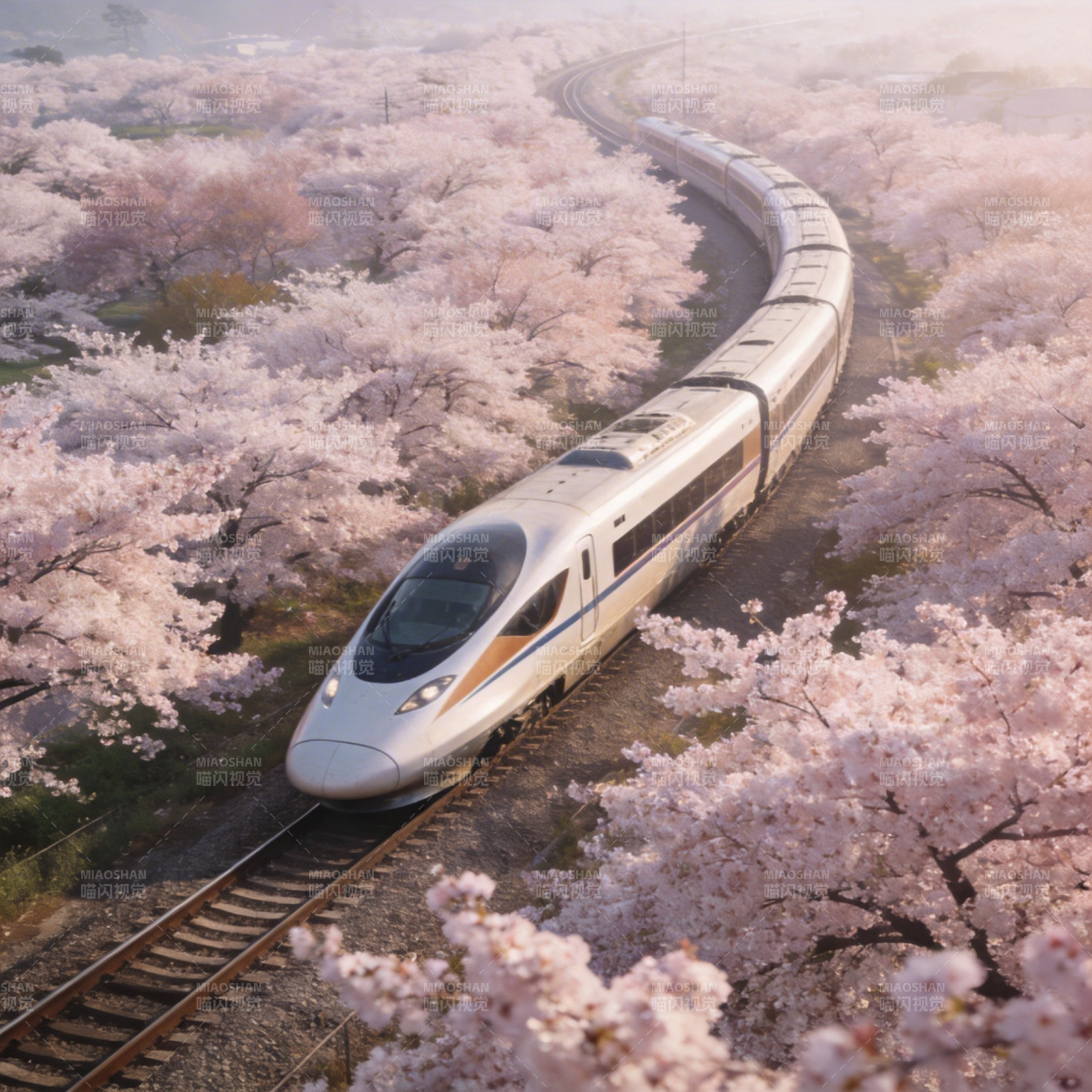 樱花列车行春景图片