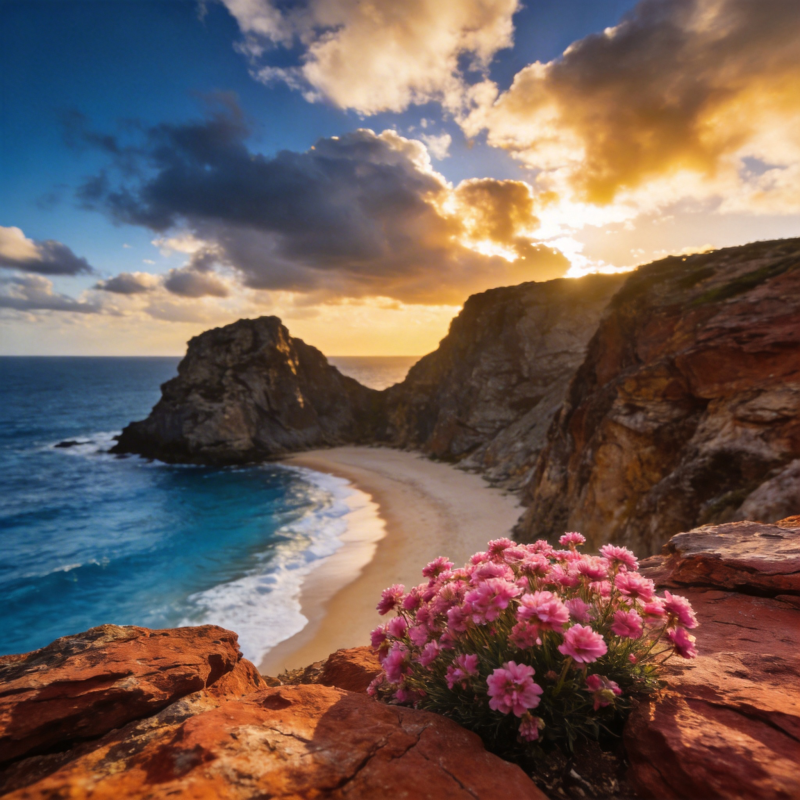 海岸落日花影图片