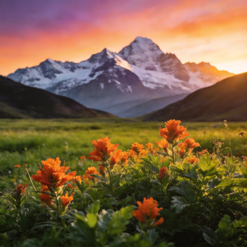雪山花海日出图片