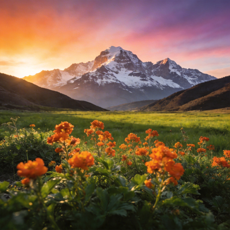 雪山花海日出图片