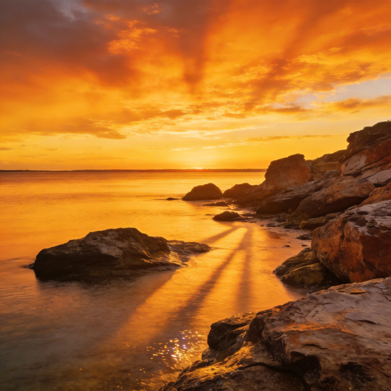 夕阳海岩光影图片