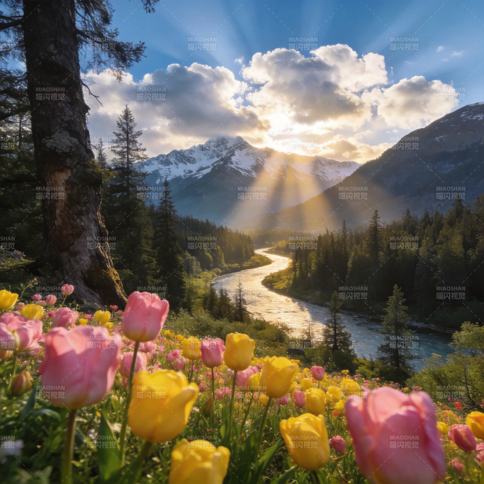 春山花溪日出图图片