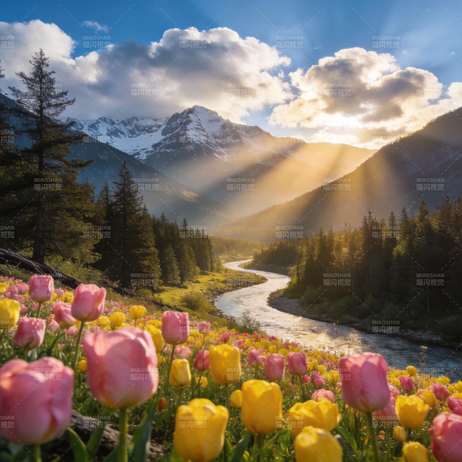 春山花溪图图片