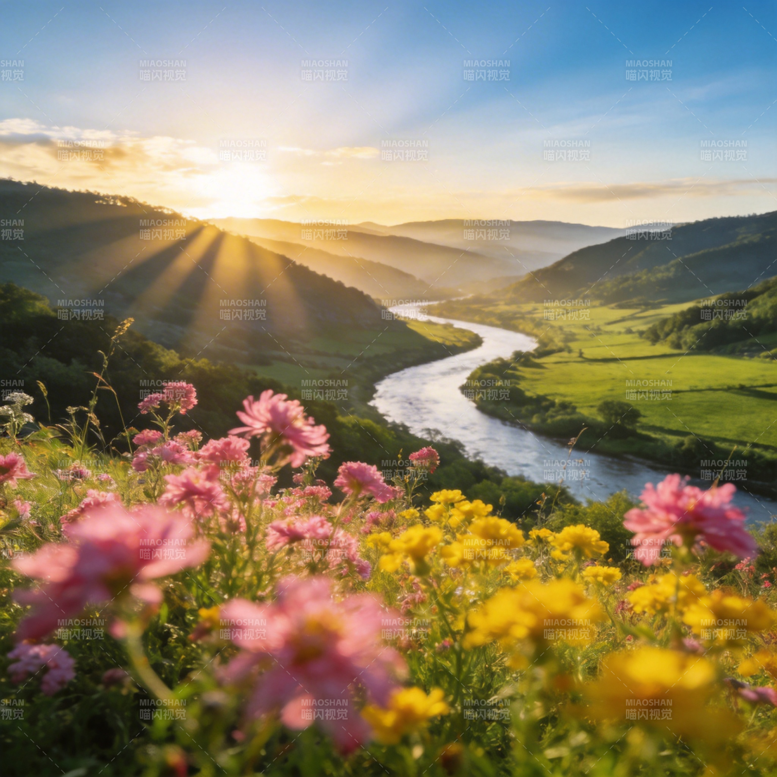 花海日出山河美图片