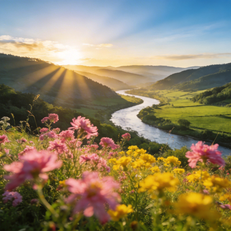 花海日出山河美图片