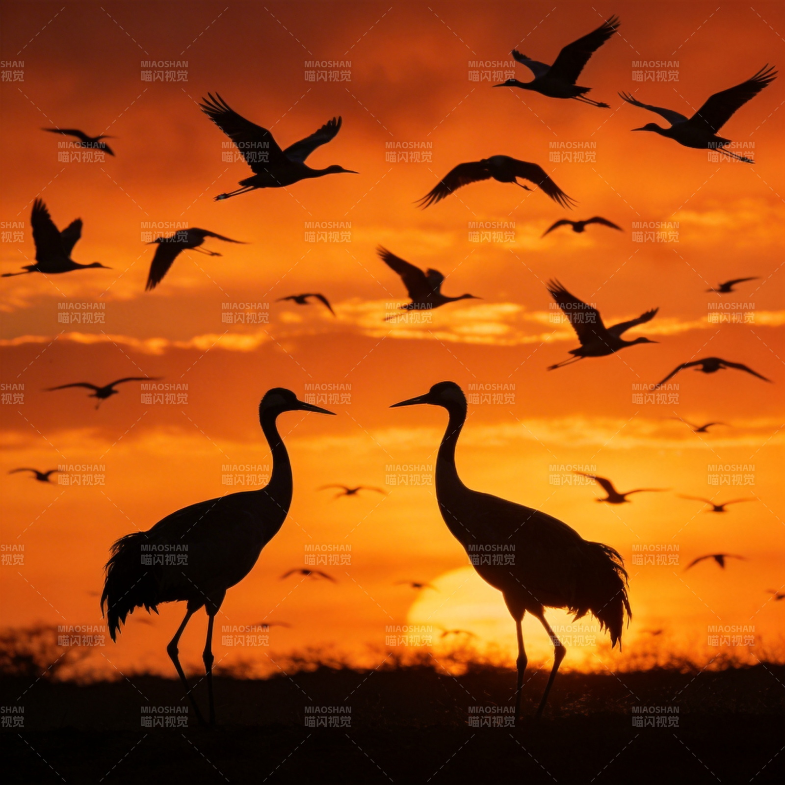 日落飞鸟剪影图片