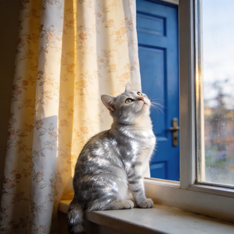 窗边凝望的银猫图片