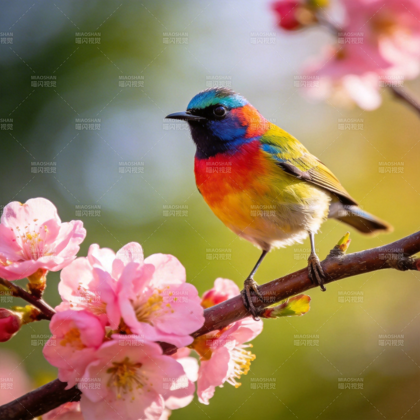 彩鸟栖花枝图片