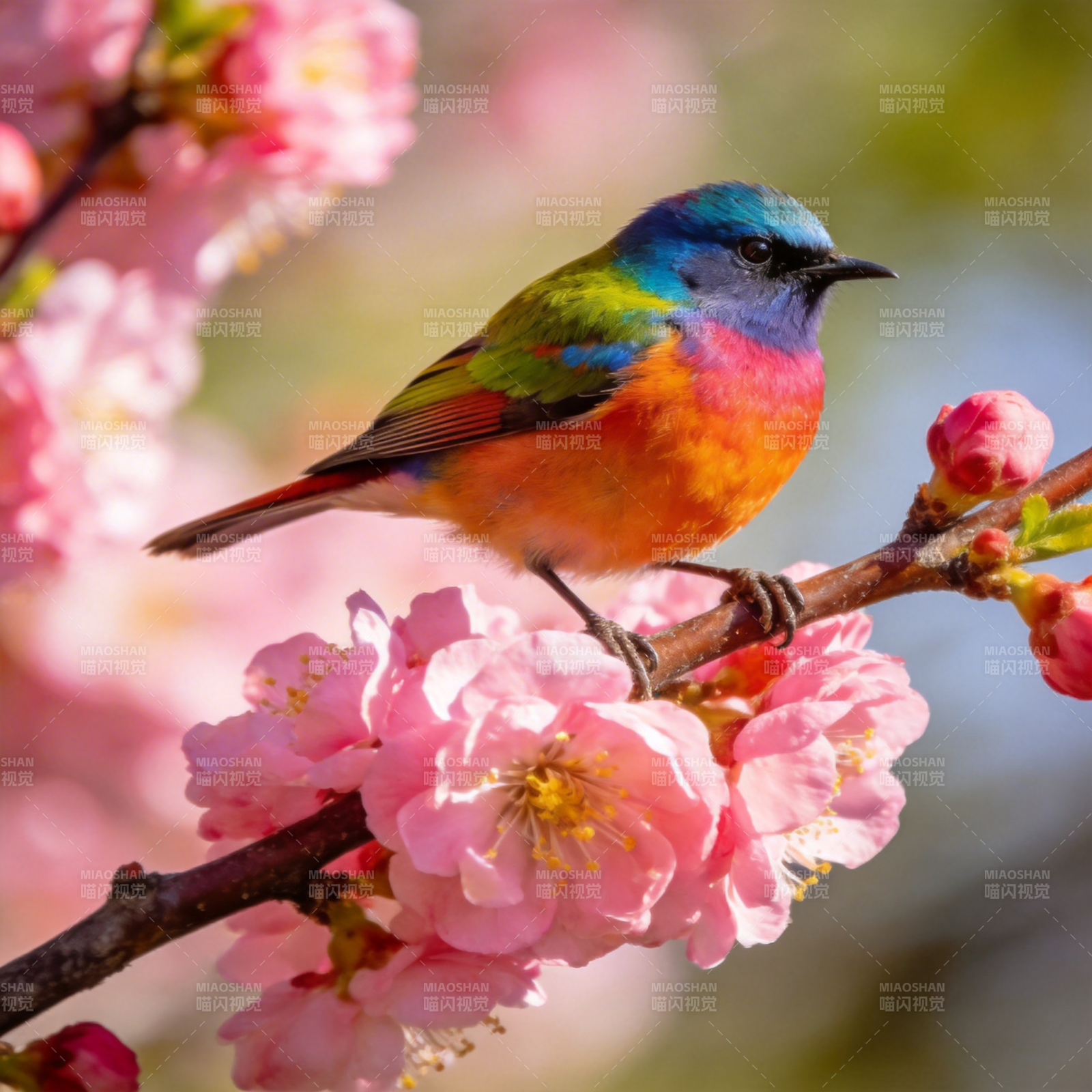 彩鸟栖花枝图片
