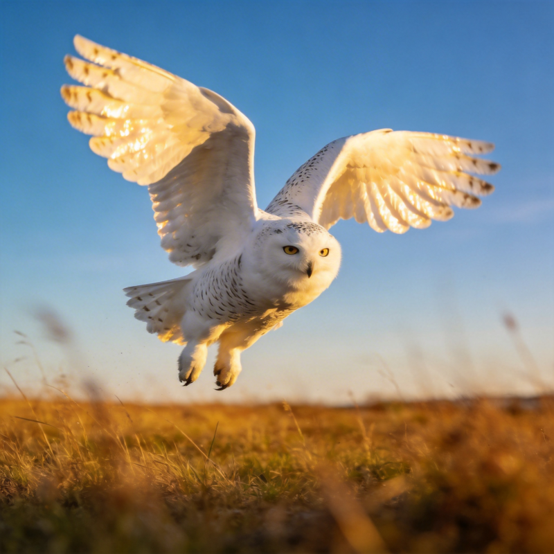 雪鸮翱翔于晨光图片