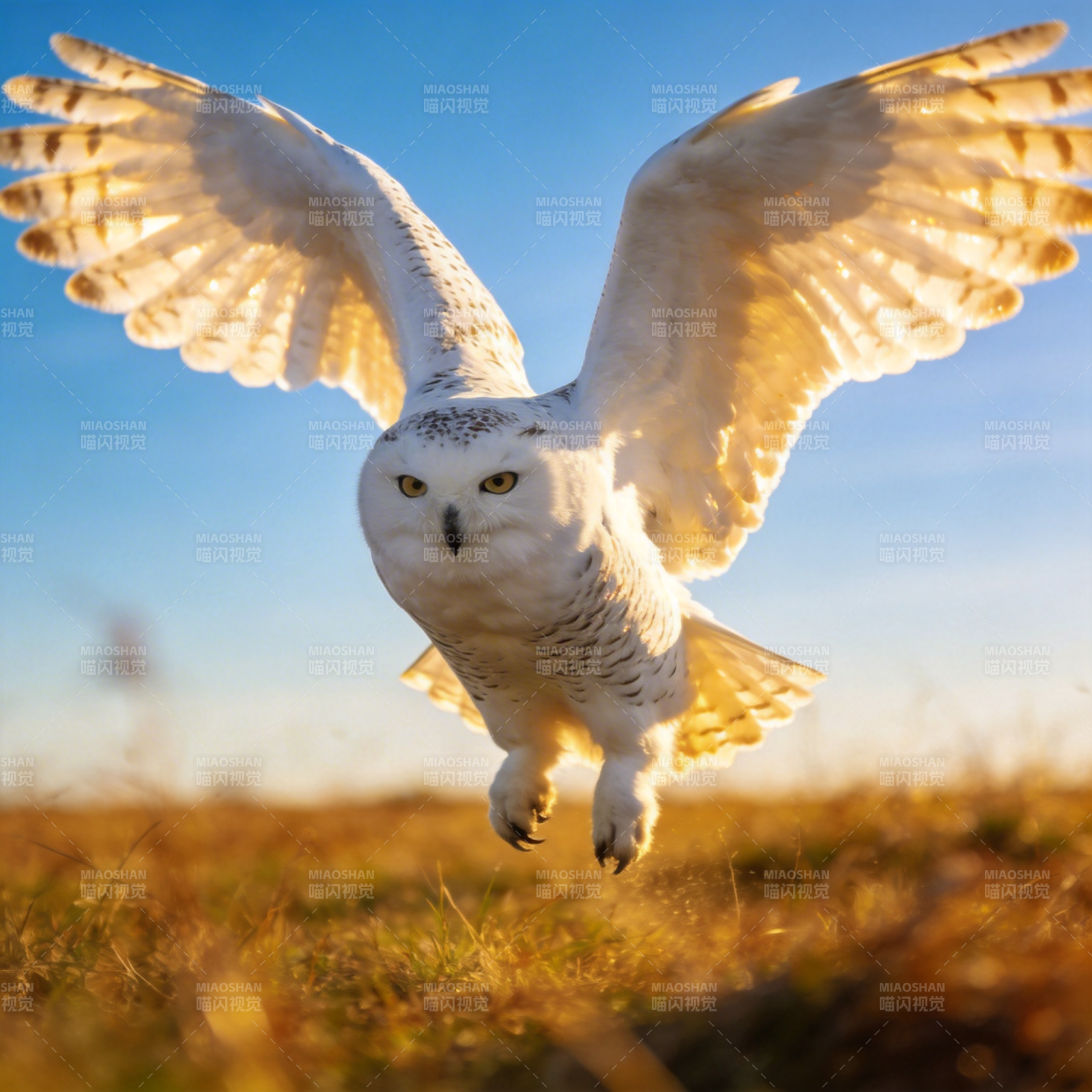 雪鸮翱翔于蓝天图片