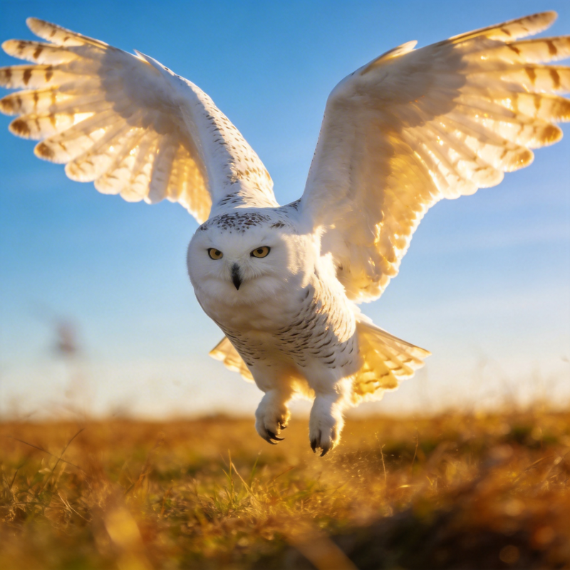 雪鸮翱翔于蓝天图片