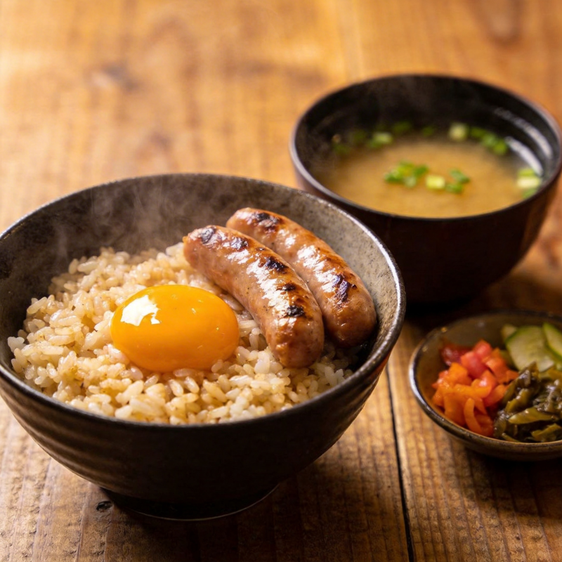 香肠蛋饭配汤图片