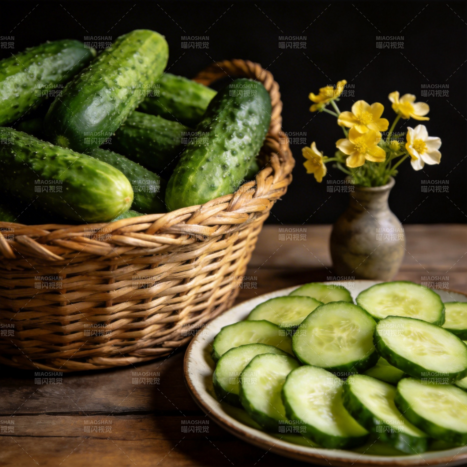 新鲜黄瓜与花饰图片