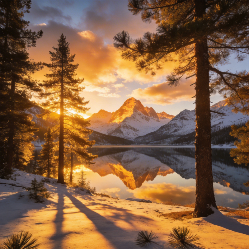 雪湖晨曦映山影图片