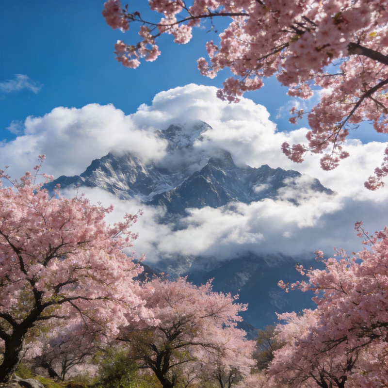樱花映雪山图片