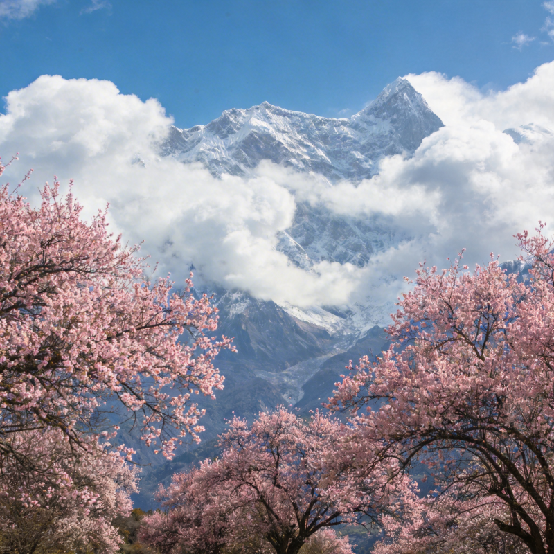 雪山樱花共春光图片