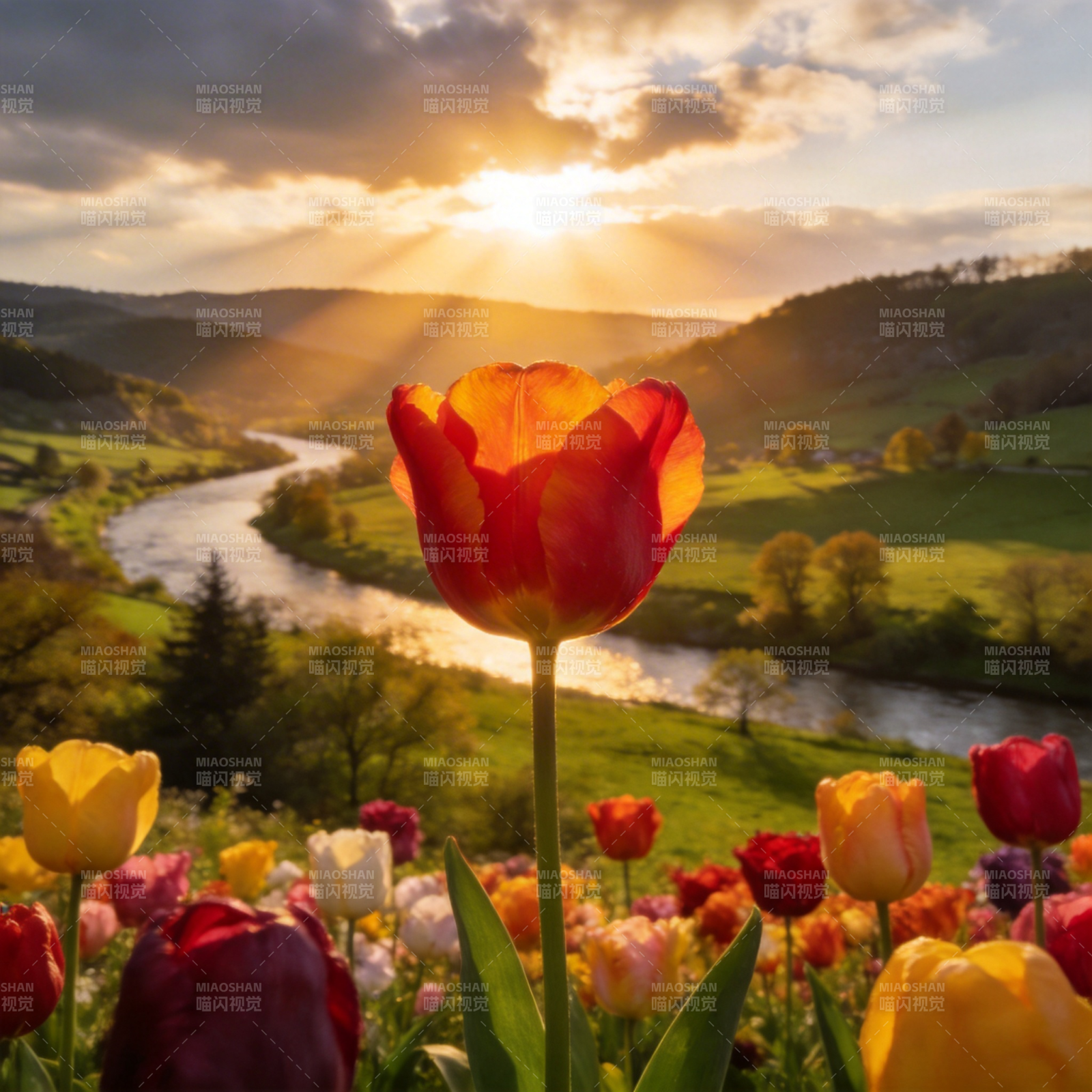 春日花海夕阳图片
