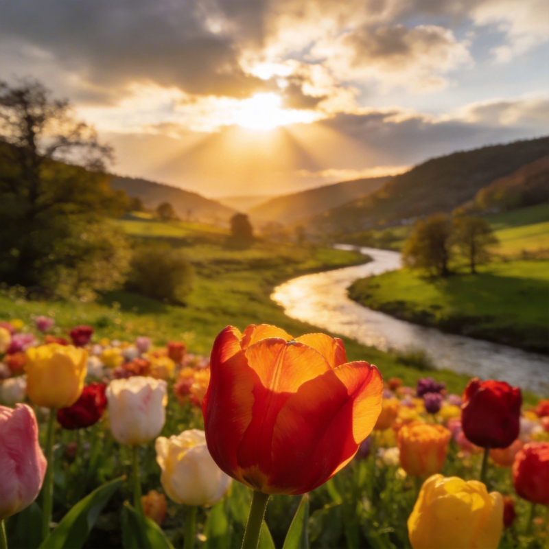 春日花海夕阳图片