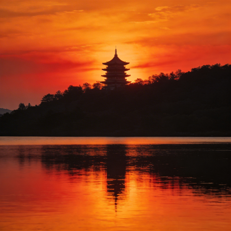 夕阳塔影湖光图片