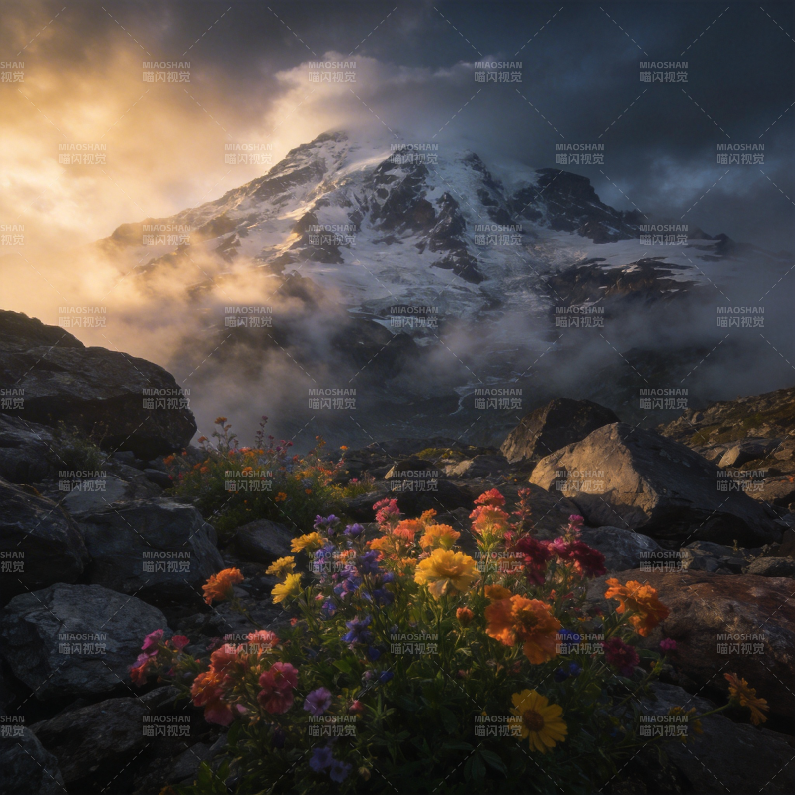 雪山花海晨光图片