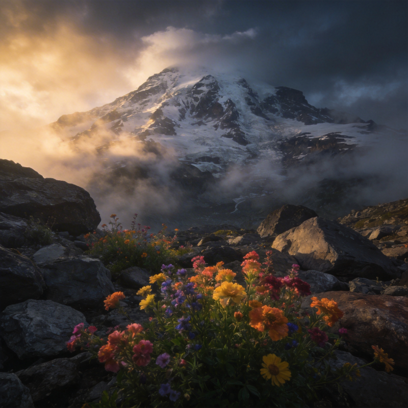 雪山花海晨光图片