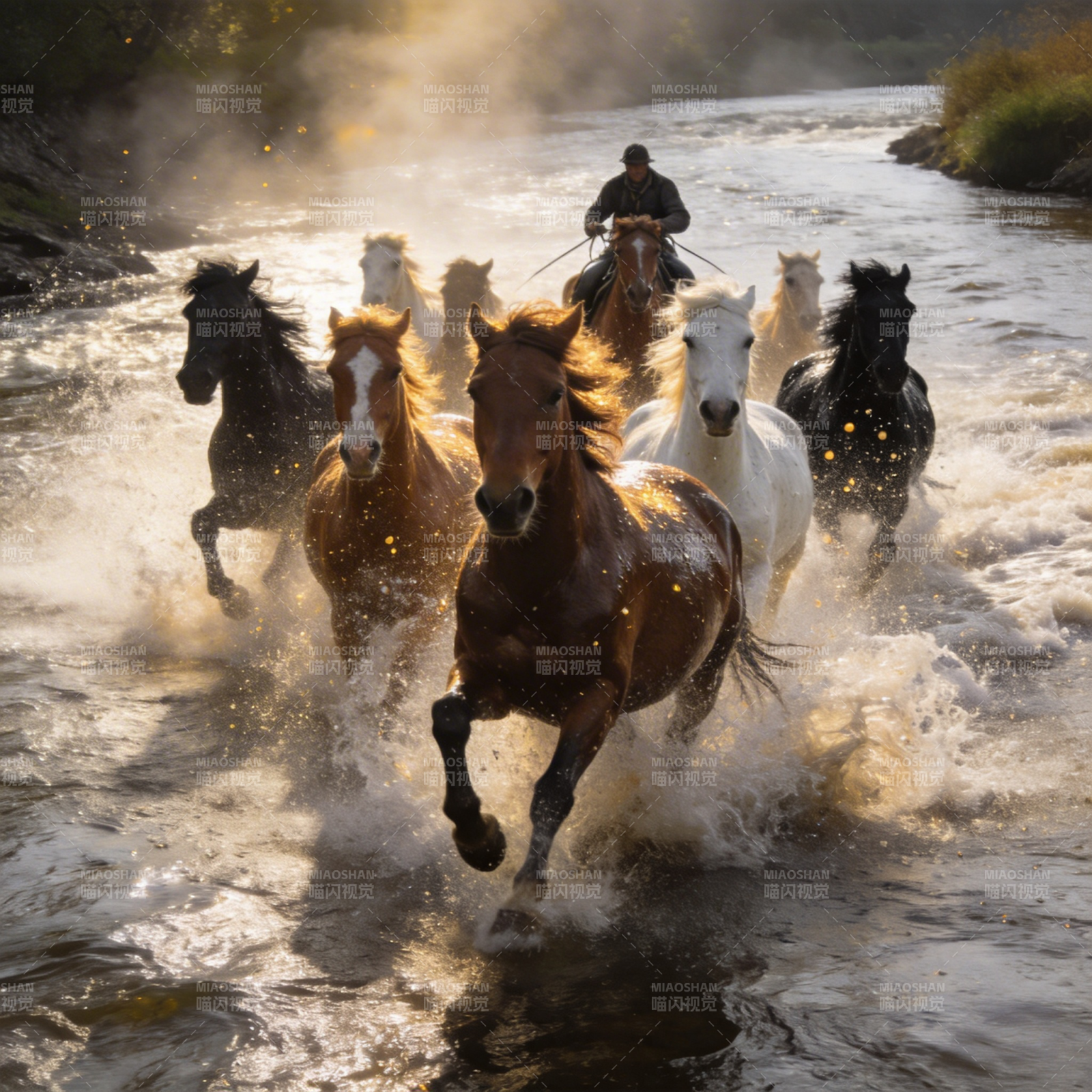 骏马奔腾过河图片