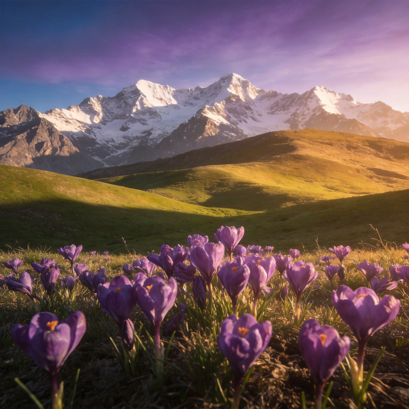 雪山下的紫花盛开图片