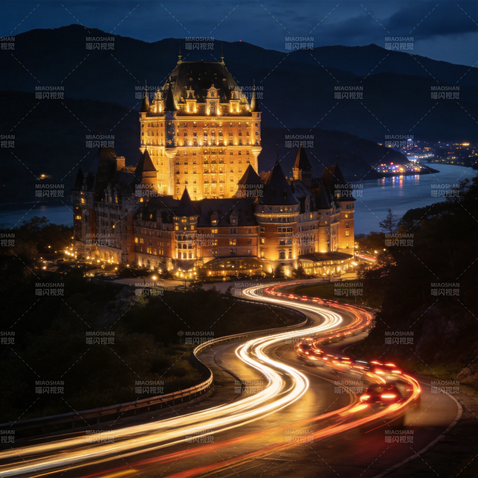 夜幕下的城堡灯火辉煌图片