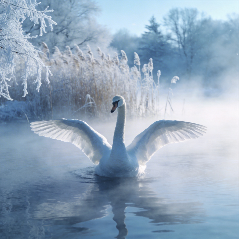 冬湖白鹅展翅图片