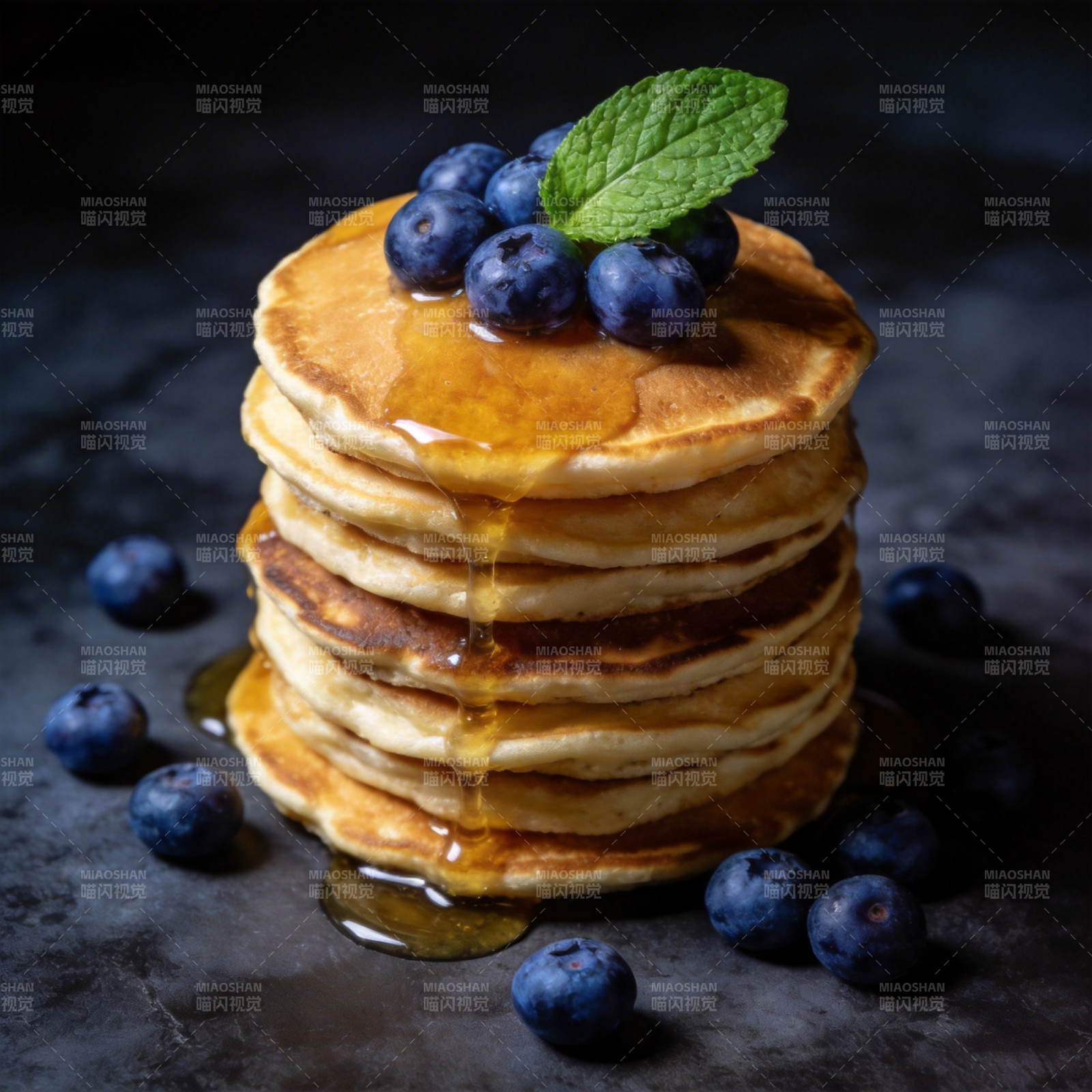 蓝莓煎饼配蜂蜜图片