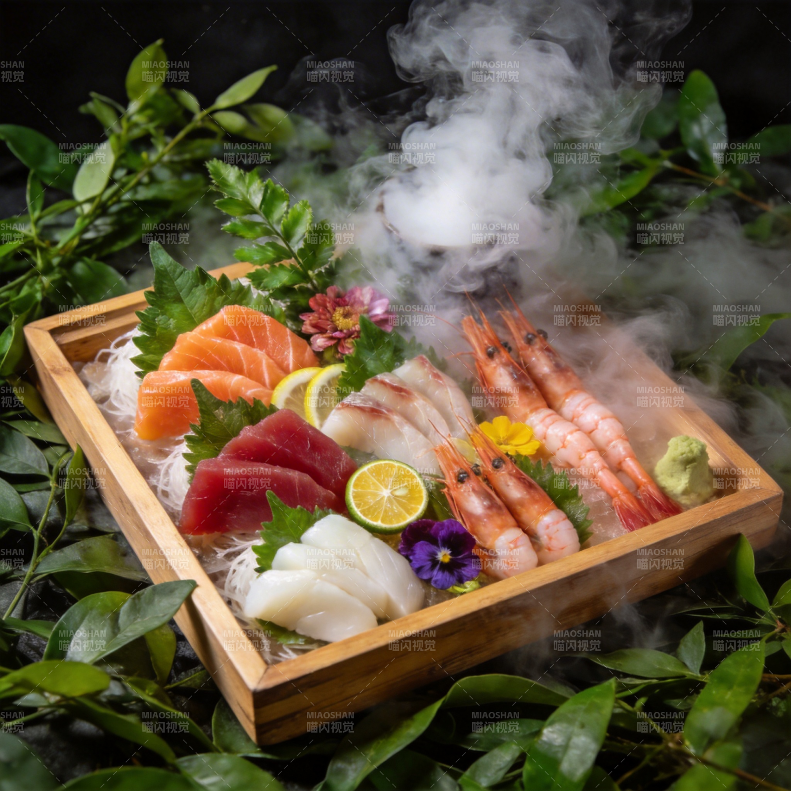 烟雾缭绕的寿司拼盘图片