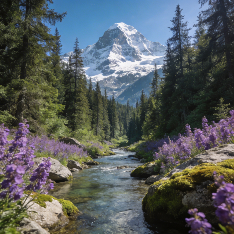 雪山溪流花海图片