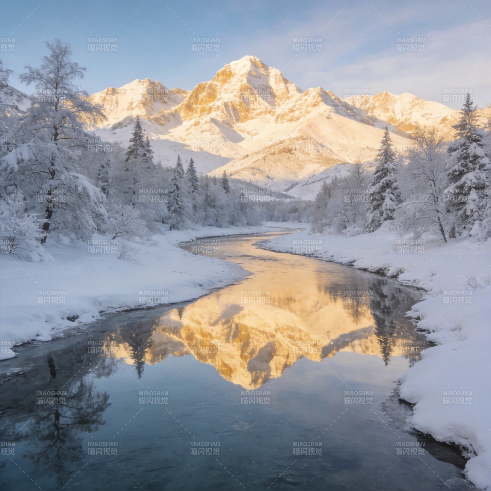 雪山倒影溪流图片