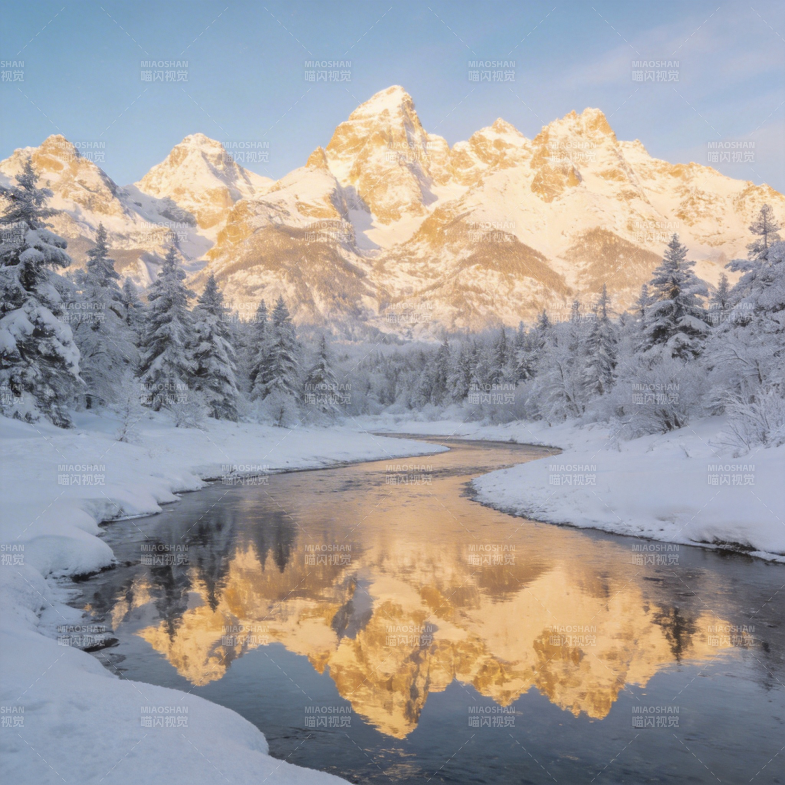 雪山倒影静谧河图片