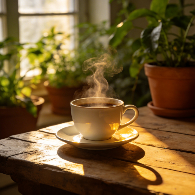 晨光中的热咖啡图片