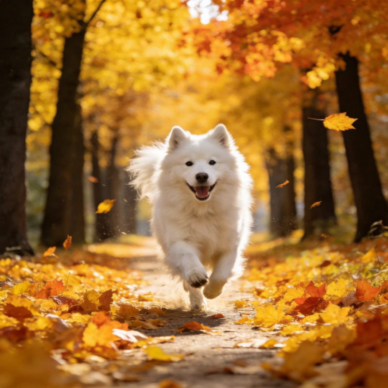 秋日奔跑的白狗图片