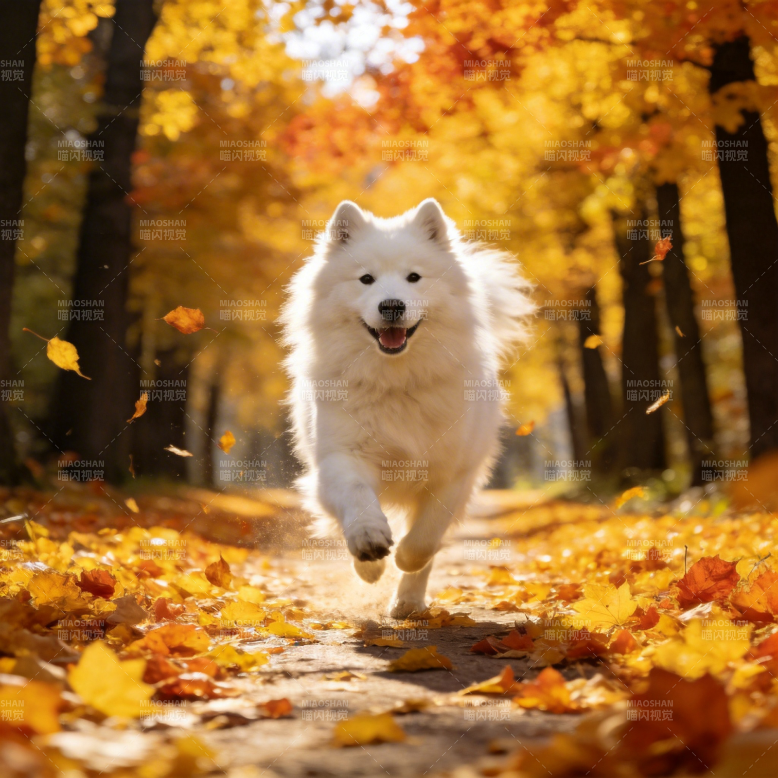 秋日奔跑的萨摩耶图片