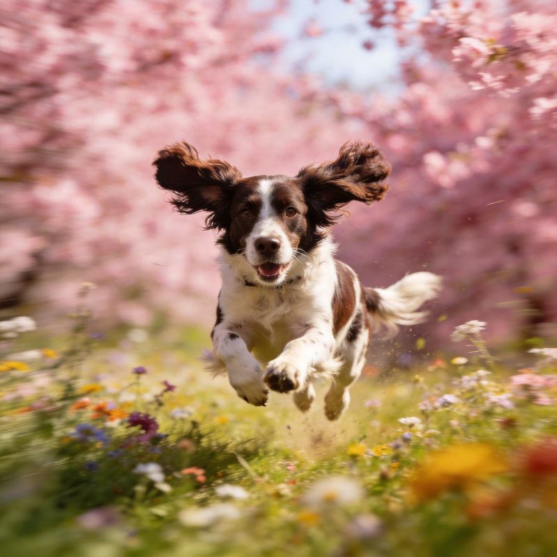 春日萌犬跃花间图片