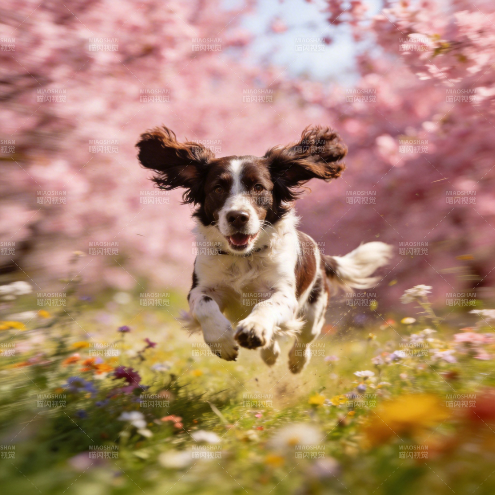 春日萌犬跃花间图片