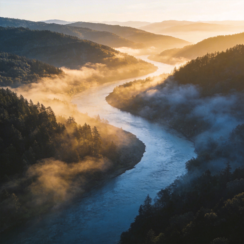 晨雾绕河谷图片